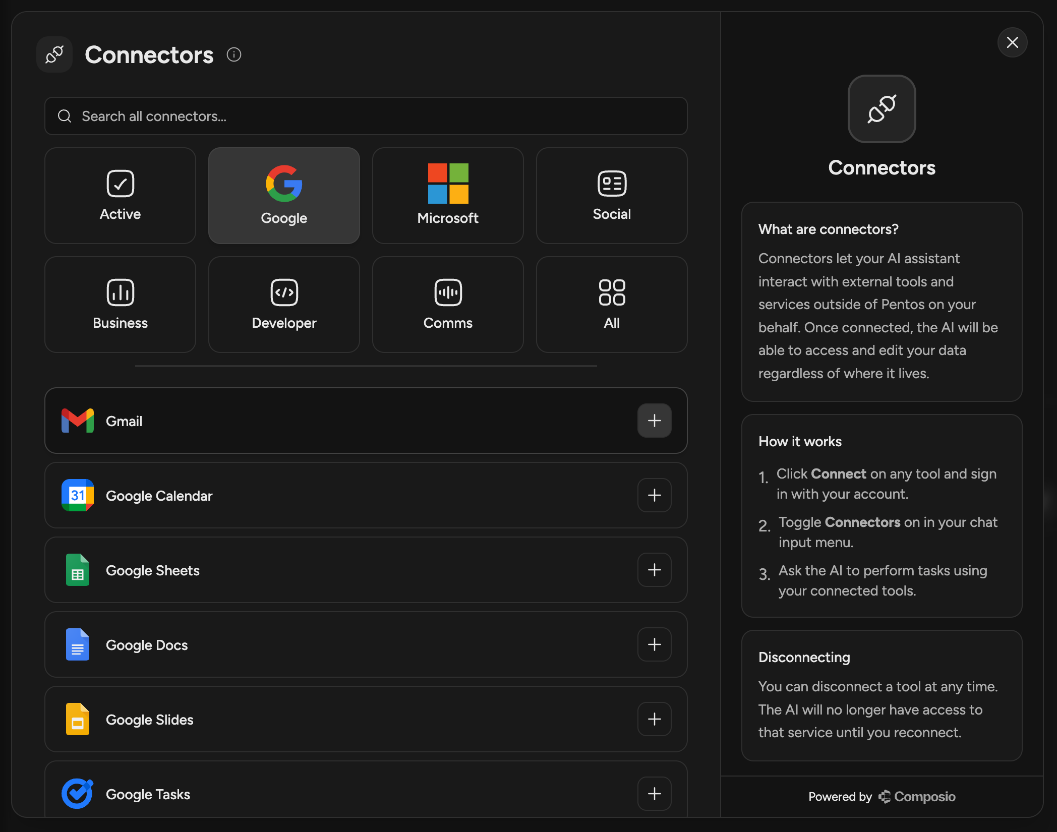 The Connectors modal showing categories and available apps