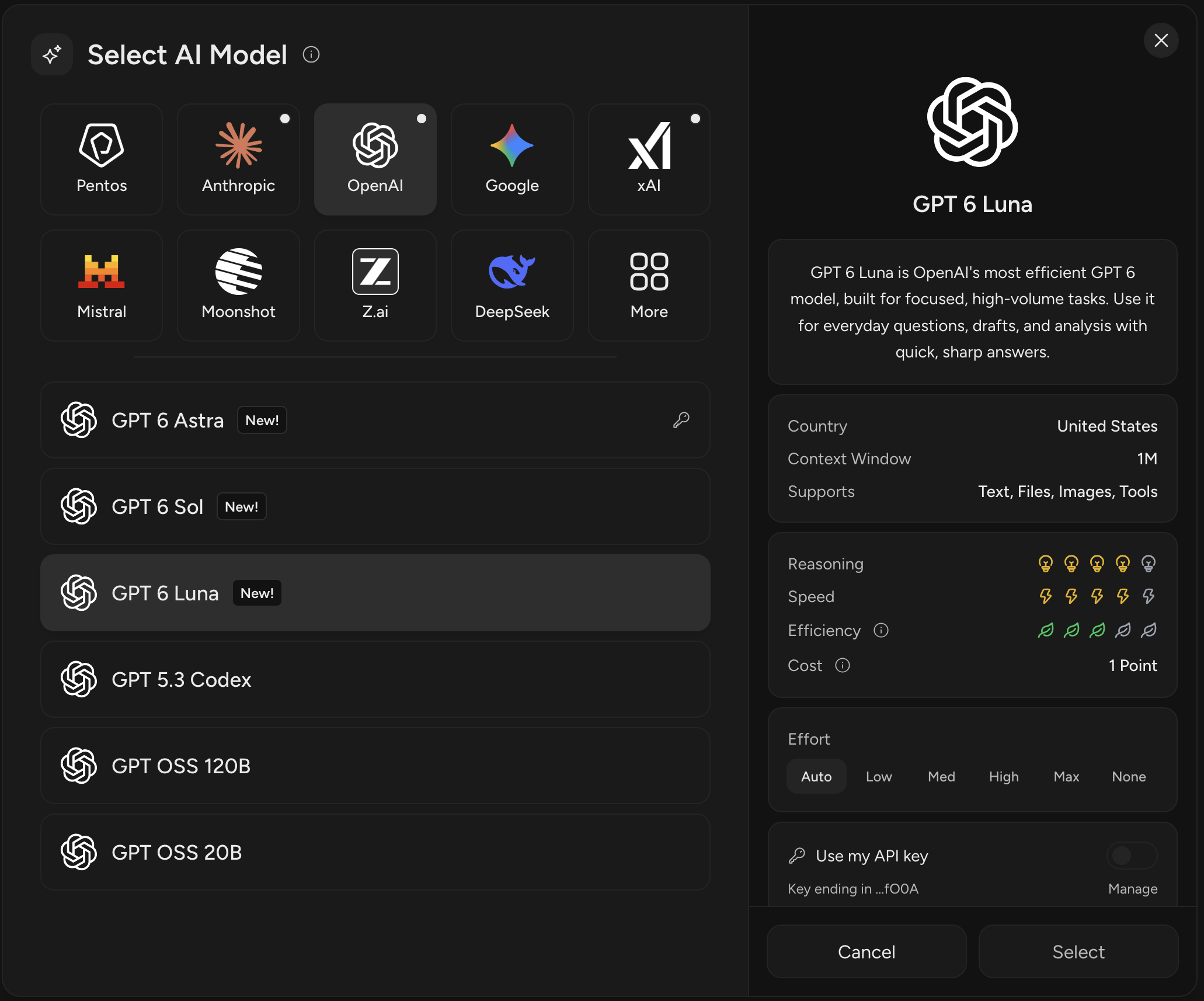 The model selector showing providers, model list, and detail panel